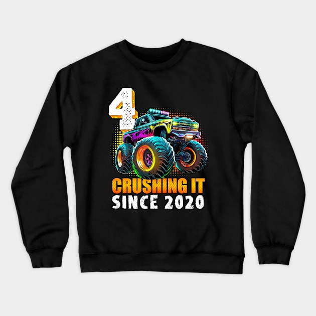 Monster Truck Year Old Boys 4th Birthday Party Born 2020 Crewneck Sweatshirt by deptrai0023